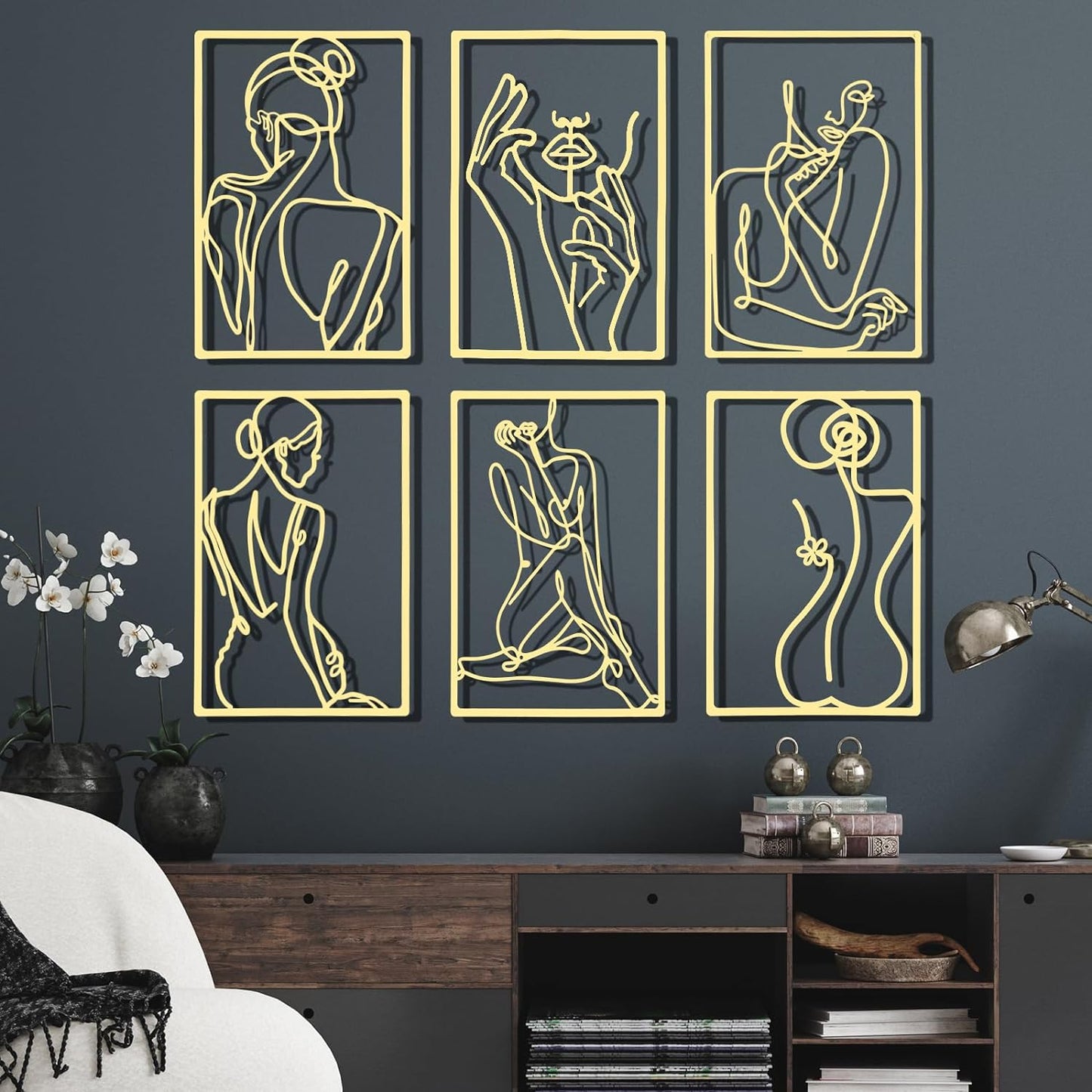 6 Pcs Metal Wall Decor Metal Abstract Woman Wall Art Modern Decor Aesthetic Hanging Art Large Single Line Wall Sculpture for Home Bedroom Living Room (Gold)