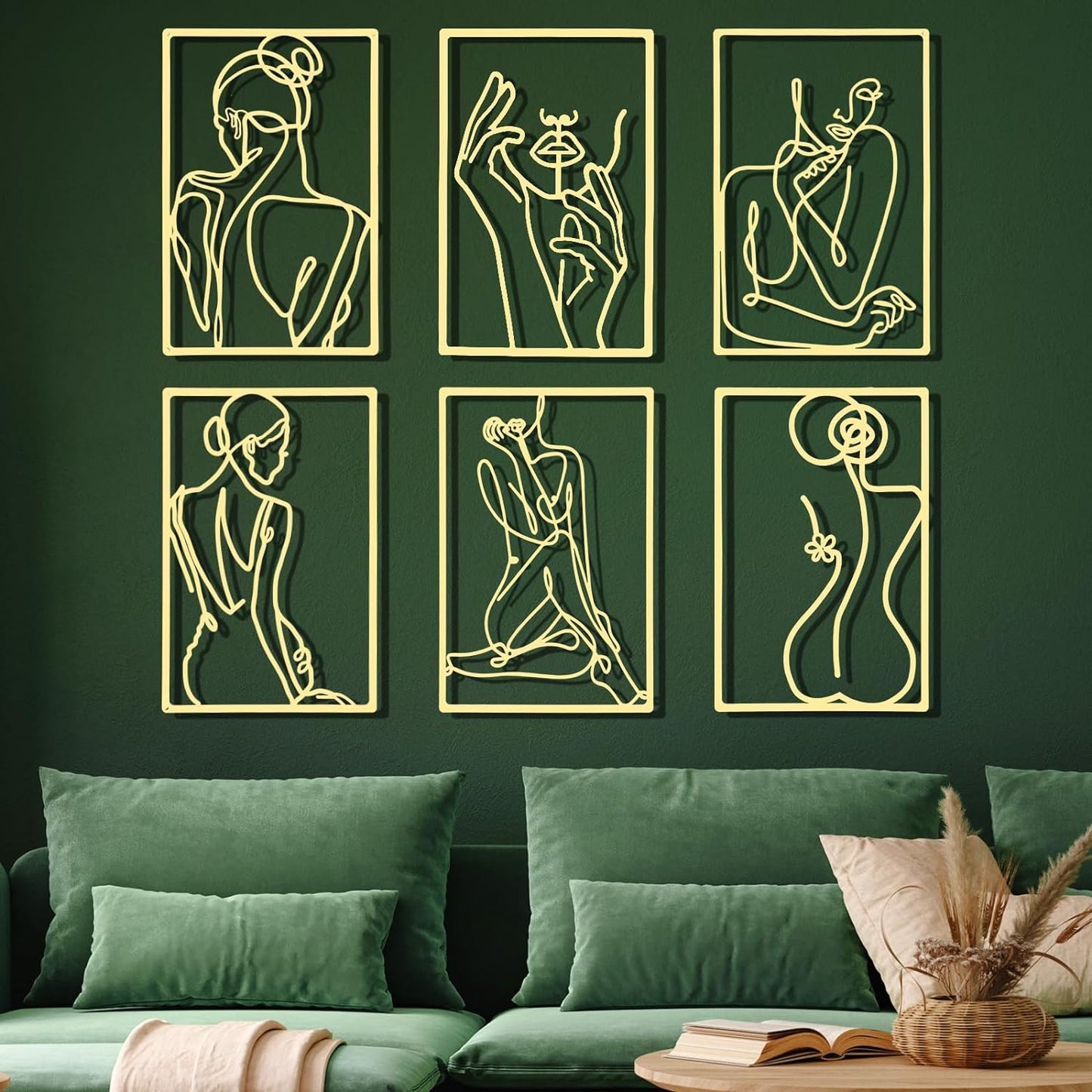 6 Pcs Metal Wall Decor Metal Abstract Woman Wall Art Modern Decor Aesthetic Hanging Art Large Single Line Wall Sculpture for Home Bedroom Living Room (Gold)