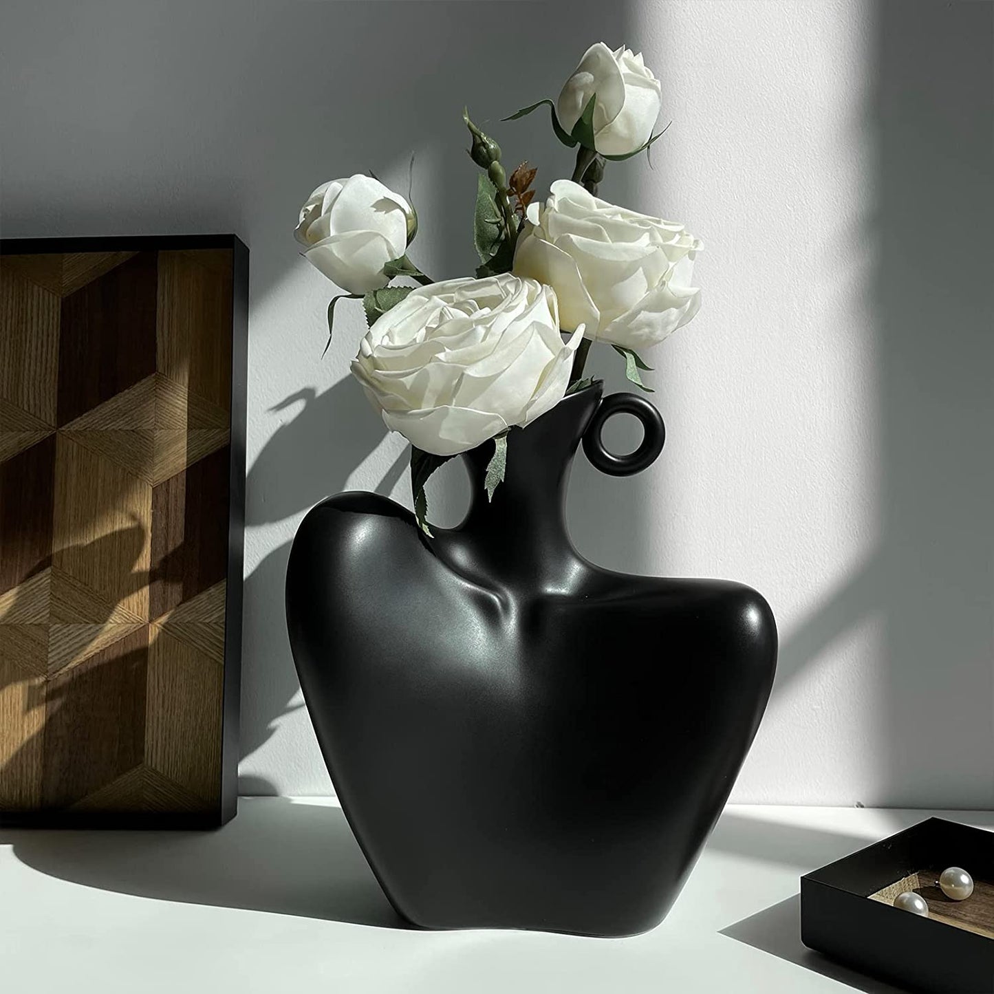 Minimalist Small Ceramic Flower Vase Black Body Statue for Home Decor