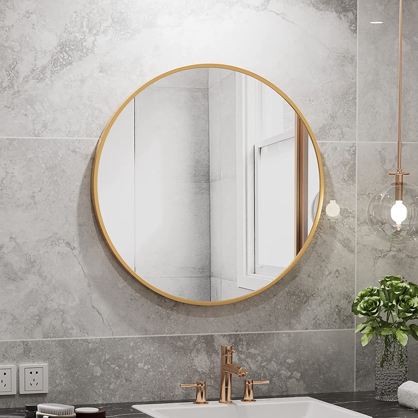 24 Inch round Mirror Gold Circle Wall Mirror Bathroom Vanity Mirror Brushed Gold Metal Frame Mirror Modern Circular Mirror for Entryway Living Room Bedroom