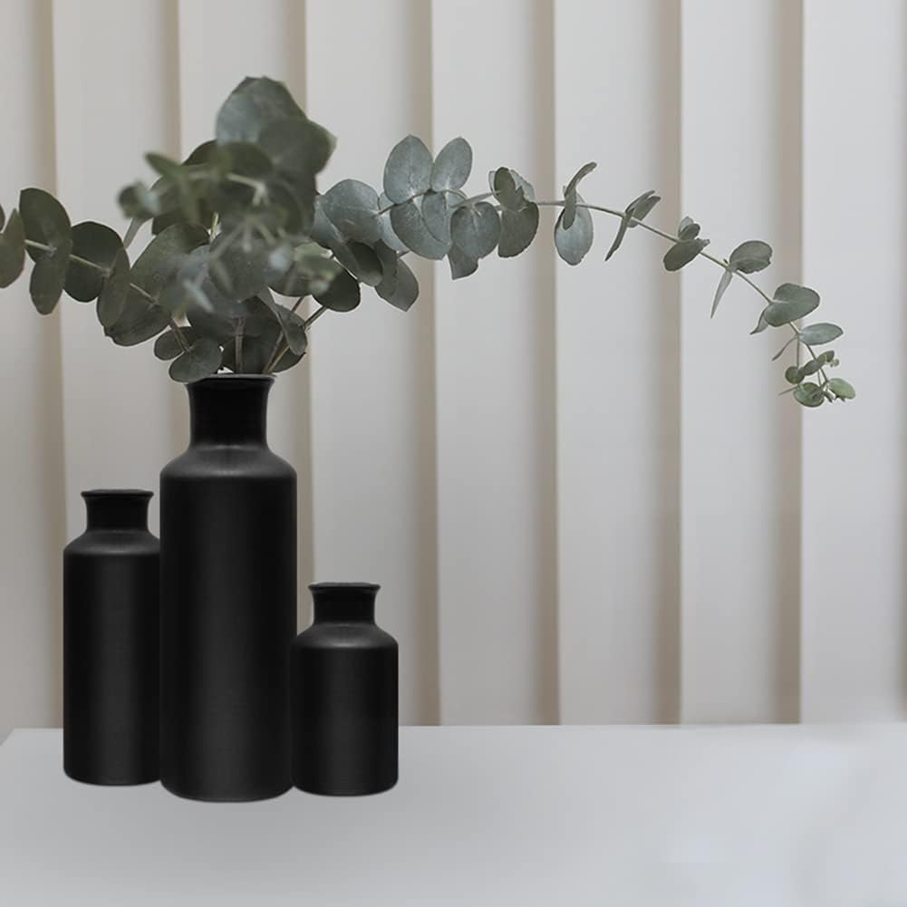 Matte Black Ceramic Vase Set, 3 Small Rustic Decorative Vases for Modern Farmhouse Office Home Decor, Living Room Centerpieces Decoration, Flower Vases for Table Mantel Entryway Shelves Decor