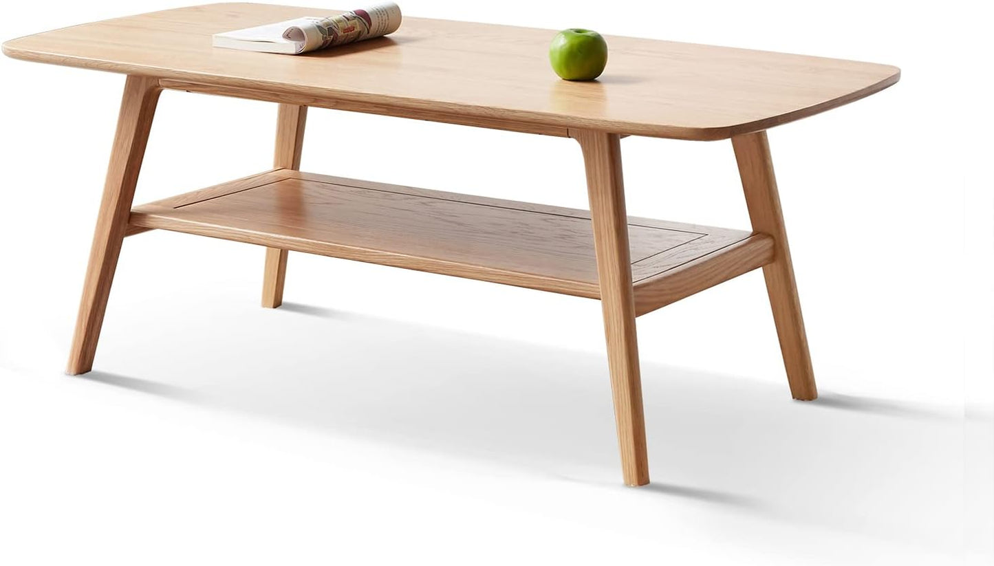 Mid-Century Modern 2-Tier Coffee Table with Storage Shelf, Natural Color 100% Solid Wood Table for Living Room, Elegant Furniture for Small Apartment (Natural, 39.37“ X 19.69” X 17.32“)
