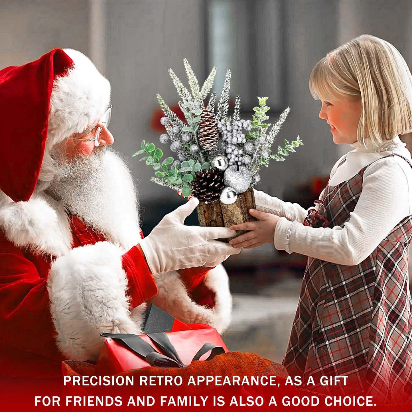 Small Christmas Tree Tabletop Artificial Mini Christmas Tree Decorations with Holiday Ornaments Red Berry Pine Cone Greenery for Home Indoor Fireplace Mantel Xmas Decor (Tree Stump-Silver)