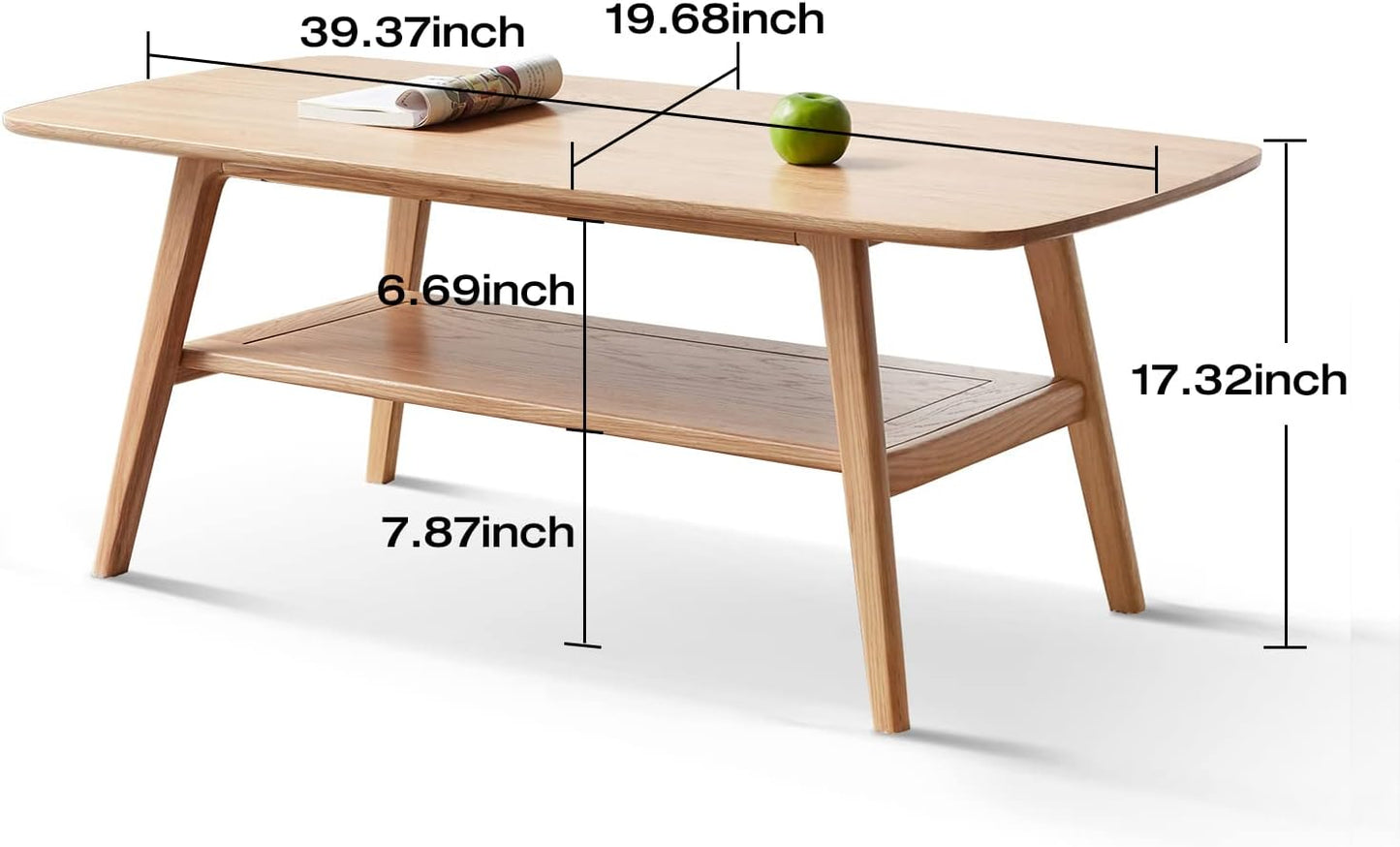 Mid-Century Modern 2-Tier Coffee Table with Storage Shelf, Natural Color 100% Solid Wood Table for Living Room, Elegant Furniture for Small Apartment (Natural, 39.37“ X 19.69” X 17.32“)