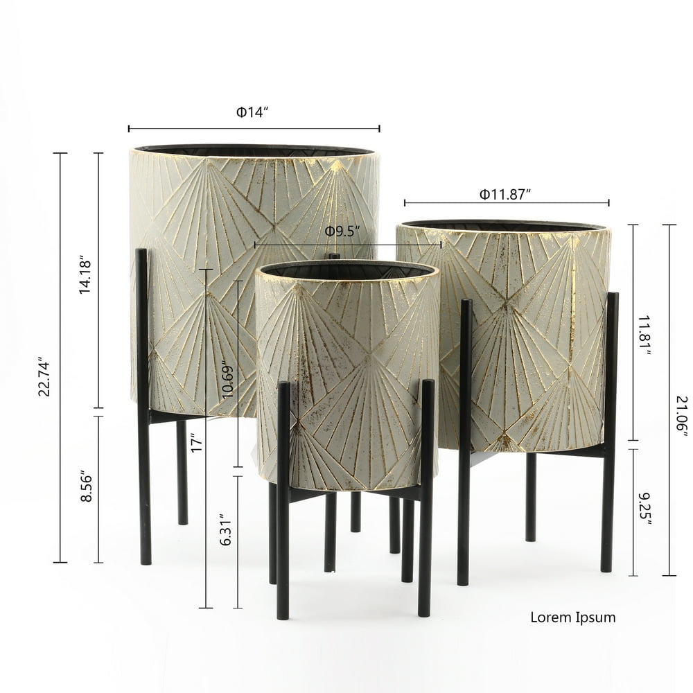 Luxenhome 3-Piece Gray and Gold Metal Cachepot Planters with Black Stand