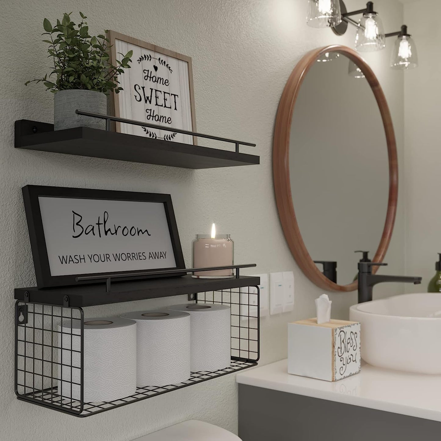 Floating Shelves with Bathroom Wall Décor Sign, Wood Floating Bathroom Shelves over Toilet with Toilet Paper Storage Basket Set of 3, Rustic Floating Shelf with Guardrail for Wall Décor–Black