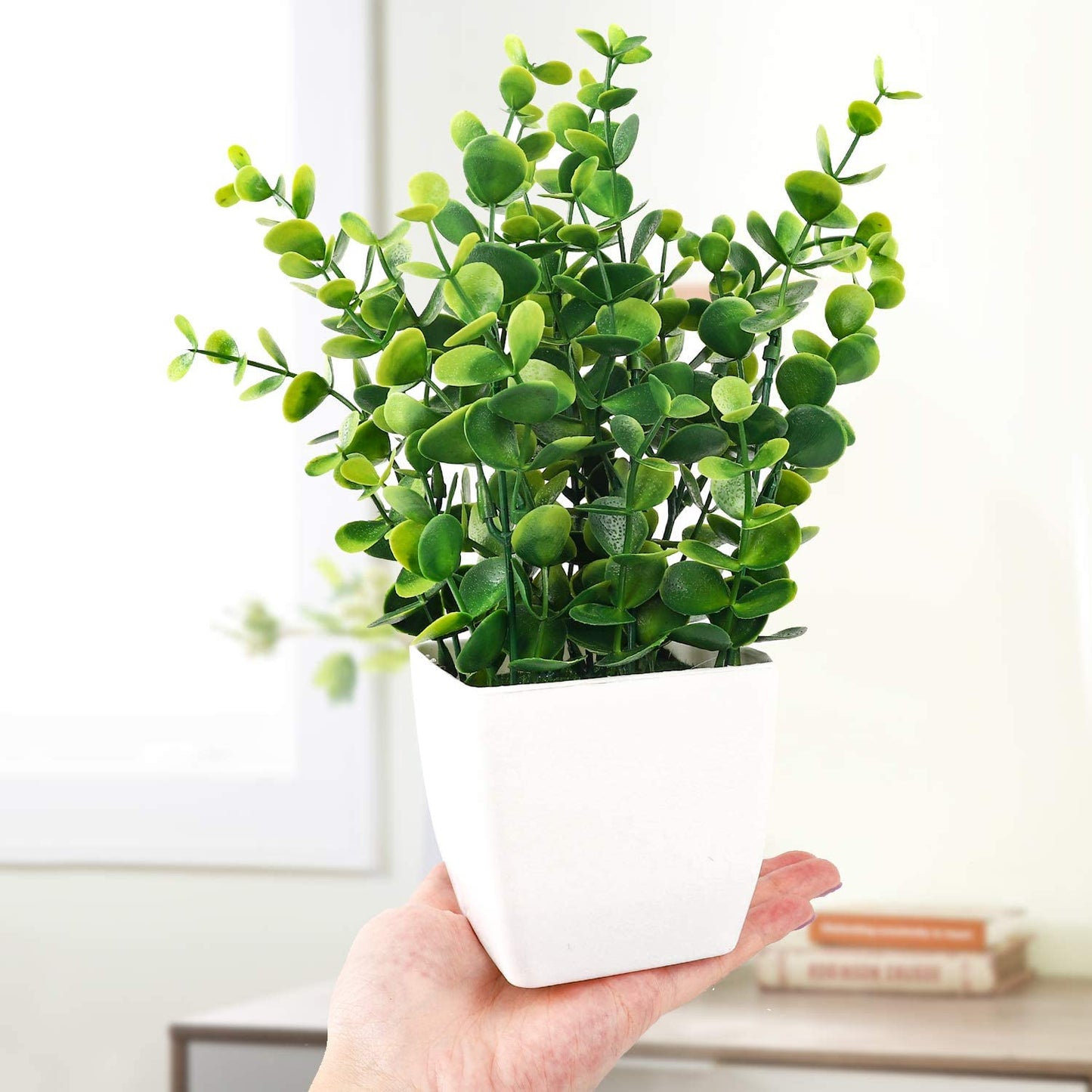2Pcs Small Fake Plants in White Planters, Artificial Plants for Home Decor Indoor, Plastic Eucalyptus Plants for Office Desk Bathroom Bedroom Greenery Decoration