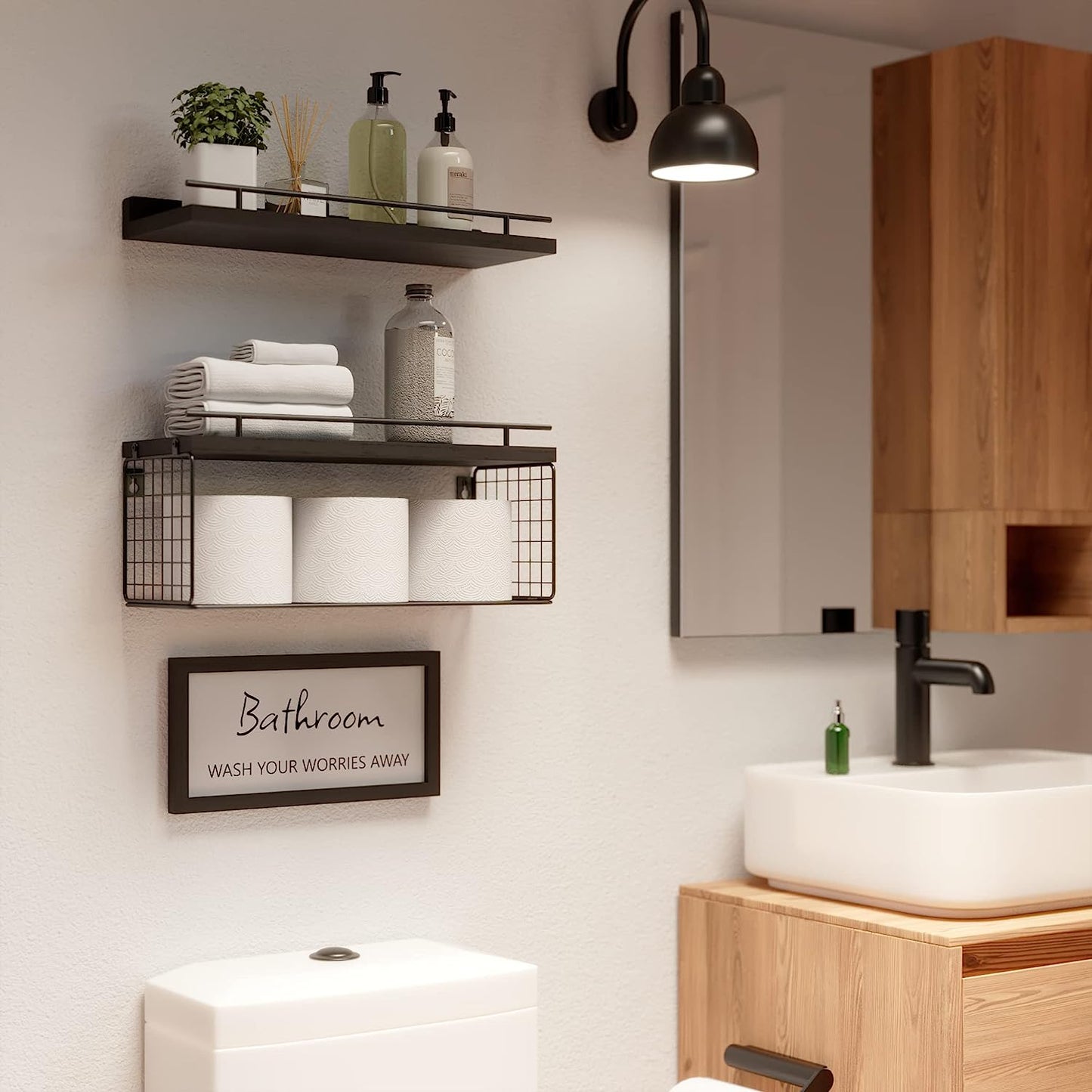 Floating Shelves with Bathroom Wall Décor Sign, Wood Floating Bathroom Shelves over Toilet with Toilet Paper Storage Basket Set of 3, Rustic Floating Shelf with Guardrail for Wall Décor–Black