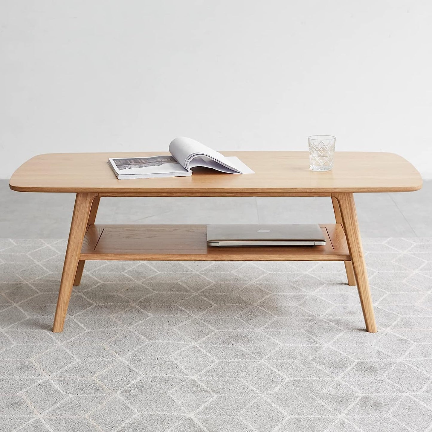 Mid-Century Modern 2-Tier Coffee Table with Storage Shelf, Natural Color 100% Solid Wood Table for Living Room, Elegant Furniture for Small Apartment (Natural, 39.37“ X 19.69” X 17.32“)