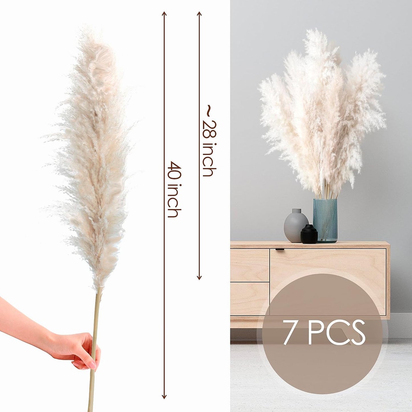 7Pcs 40'' White Natural Dried Pampas Grass - Elegant Fluffy Pampas Grass for Floor Vase - White Pampas Grass Decor Tall - Boho Wedding Decor - Boho Home Decor Dried Flowers