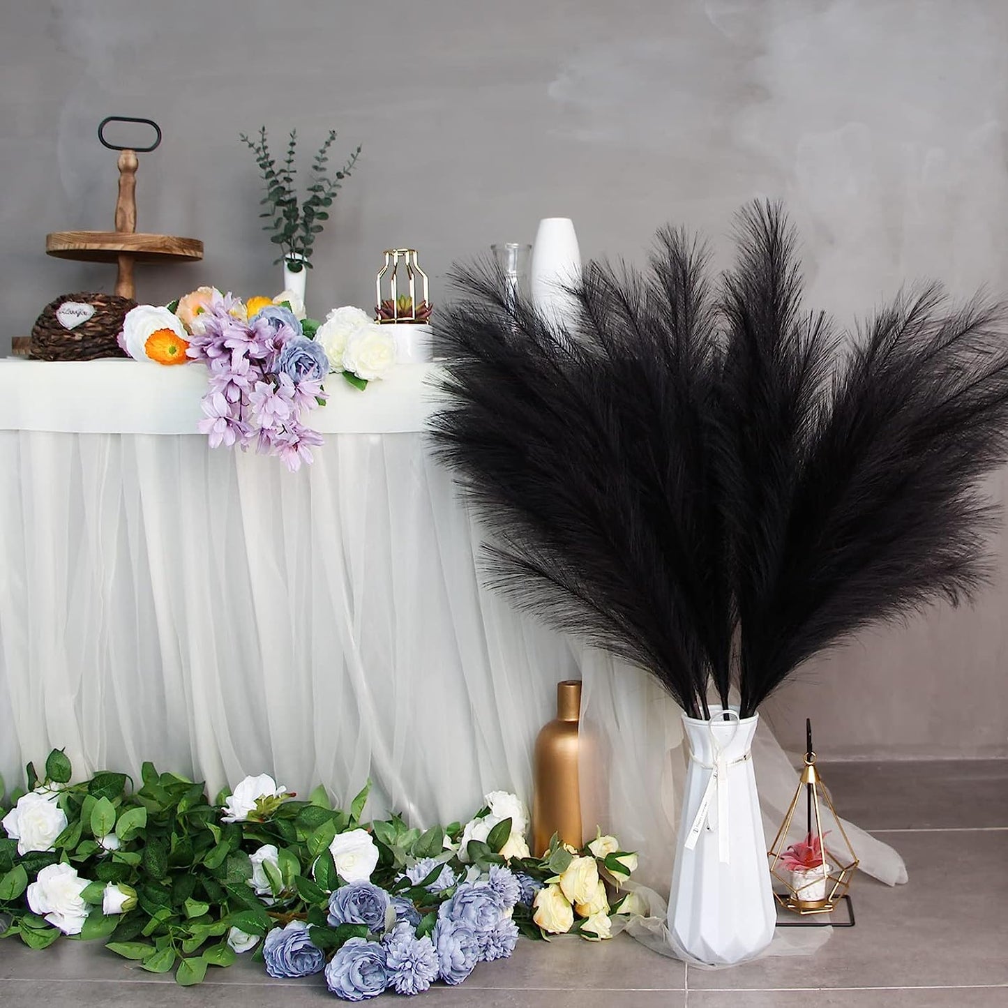 7-Pcs 38"/3.1FT Faux Pampas Grass Large Tall Fluffy Artificial Fake Flower Boho Decor Bulrush Reed Grass for Vase Filler Farmhouse Home Wedding Decor (Black)
