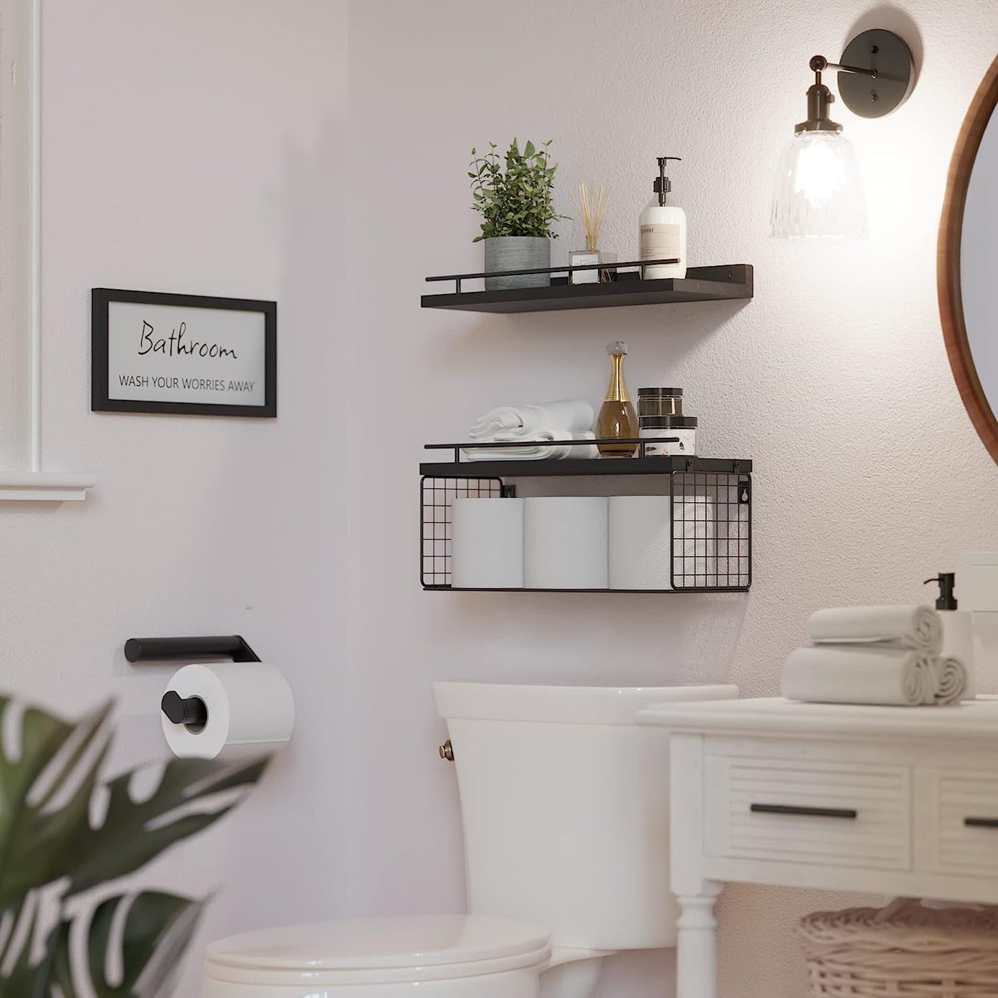 Floating Shelves with Bathroom Wall Décor Sign, Wood Floating Bathroom Shelves over Toilet with Toilet Paper Storage Basket Set of 3, Rustic Floating Shelf with Guardrail for Wall Décor–Black