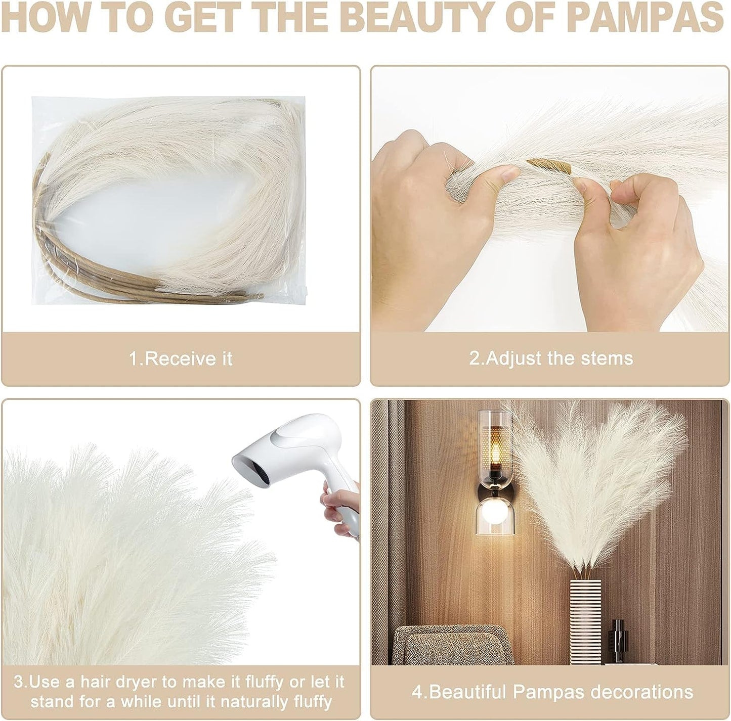 8 Pcs Faux Pampas Grass Decor 38''/97Cm Tall Artificial Large Pompas Grass Pompous Floral Fluffy Fake Plants Floor Vase Filler for Kitchen Home Boho Decorations, Mixed Beige