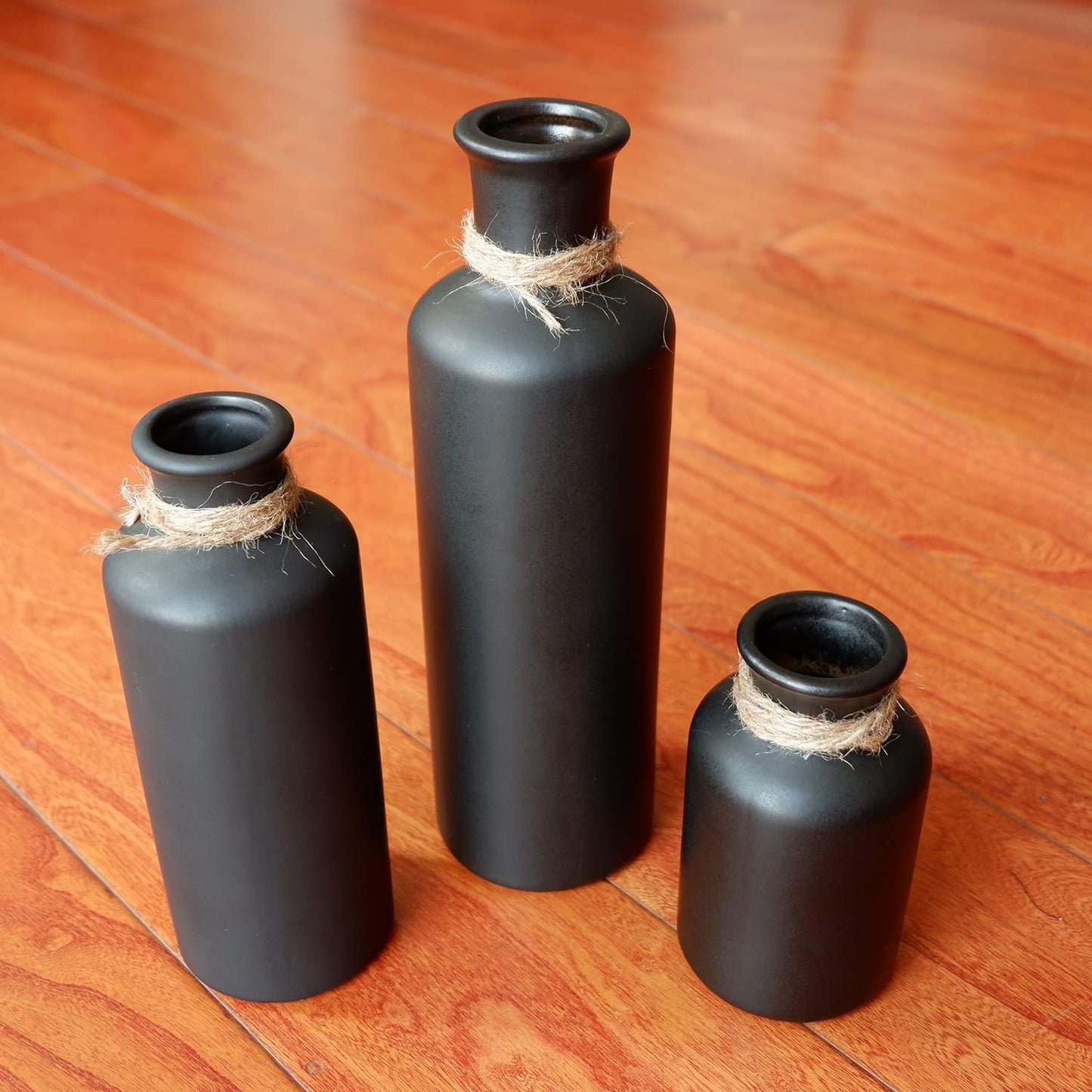 Matte Black Ceramic Vase Set, 3 Small Rustic Decorative Vases for Modern Farmhouse Office Home Decor, Living Room Centerpieces Decoration, Flower Vases for Table Mantel Entryway Shelves Decor