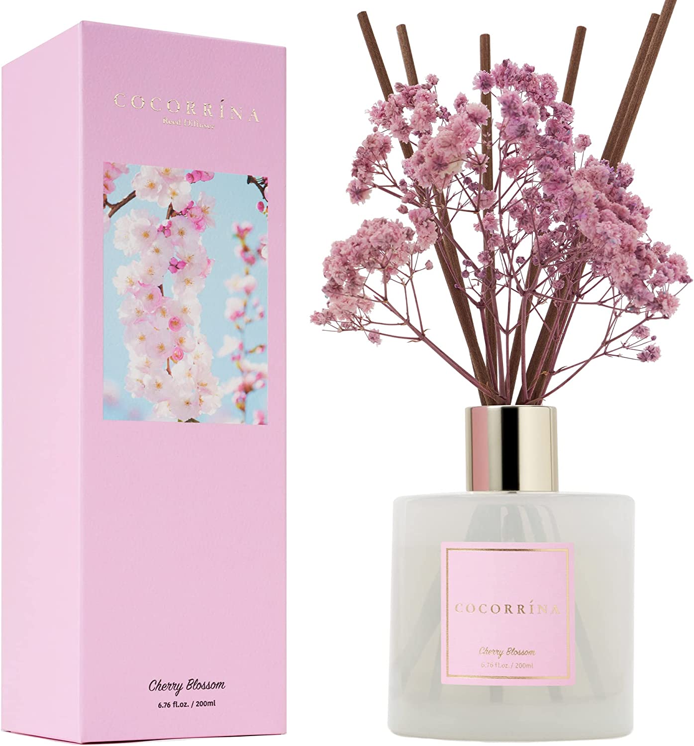 Cocorrína Premium Reed Diffuser Set with Preserved Baby'S Breath & Cotton Stick Sandalwood Rose | 6.7Oz Scent Fragrance Oil Diffuser for Bedroom Bathroom Living Room Home Décor