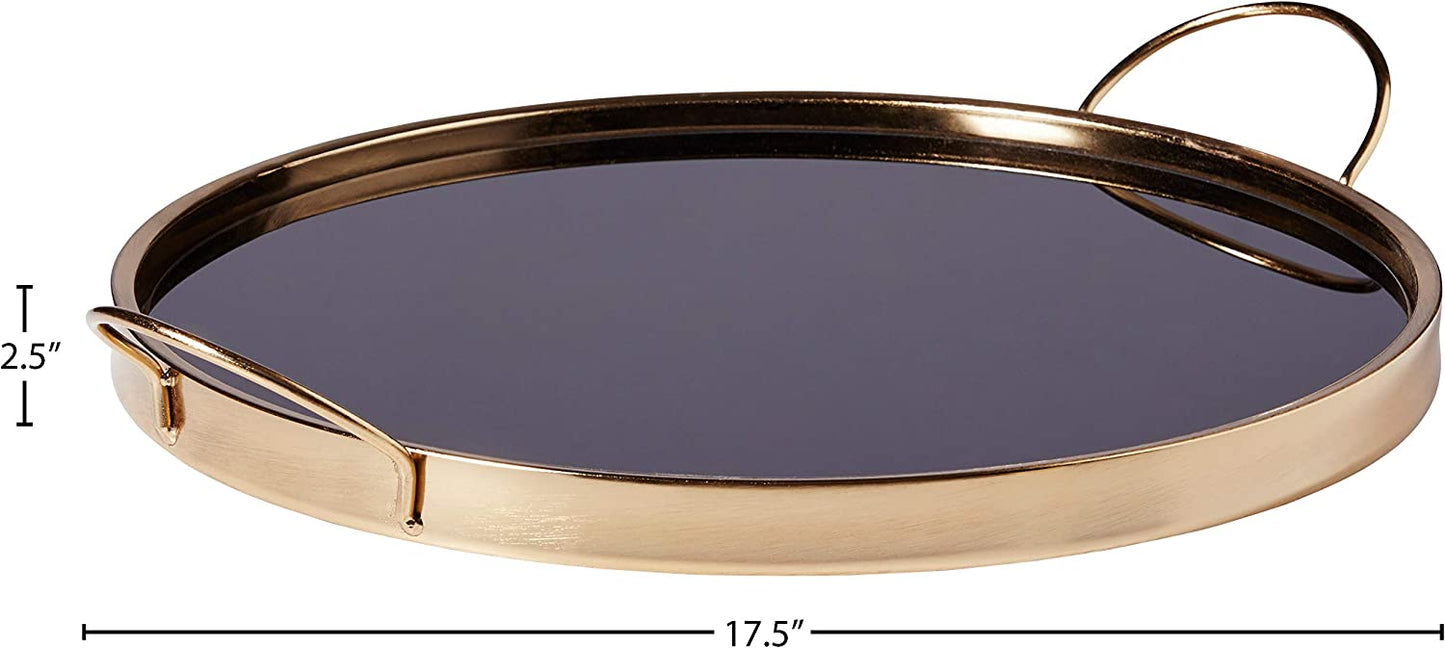 Amazon Brand – Rivet Contemporary Decorative round Metal Serving Tray with Handles, 17.5-Inch, Black and Gold