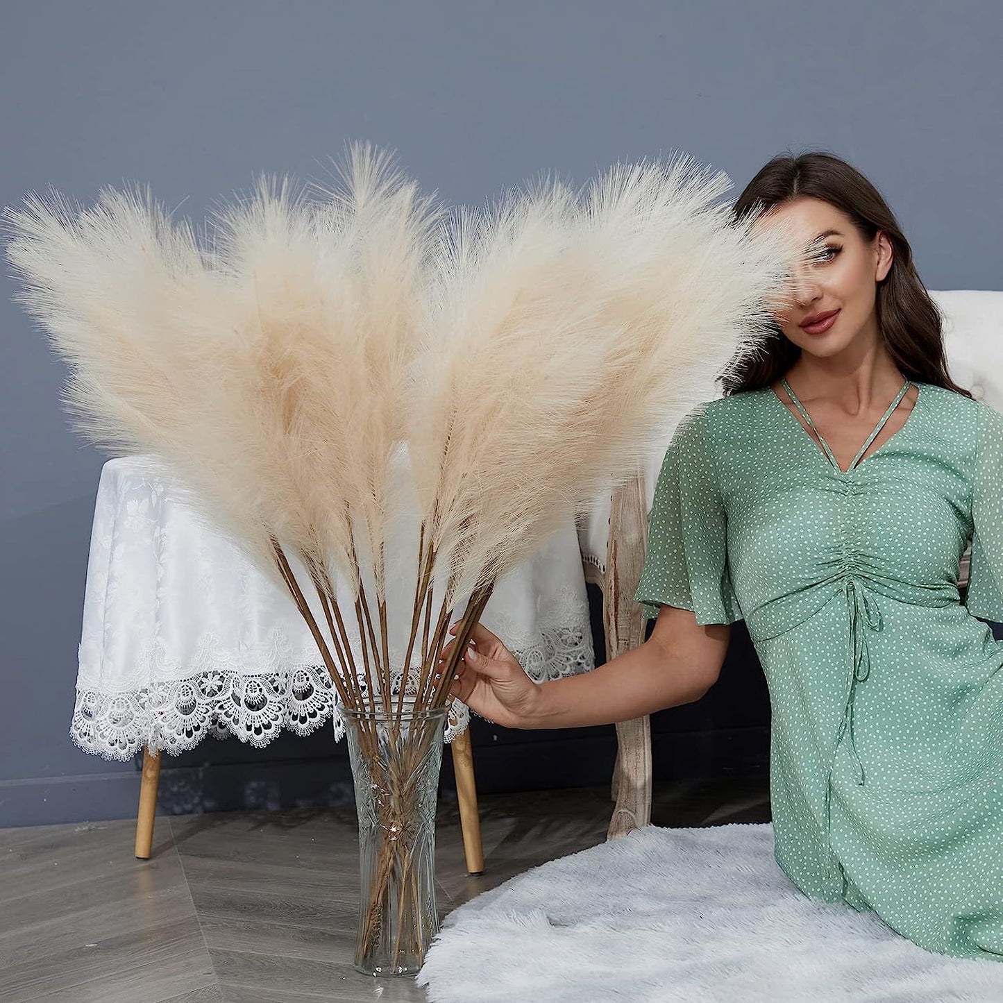 8 PCS Faux Pampas Grass Decor 38"/3.1FT Tall Fake Pompas Floral Large Artificial Pompous Grass Branches Plants for Floor Vase Filler Home Boho Decoration (Cream/Beige)