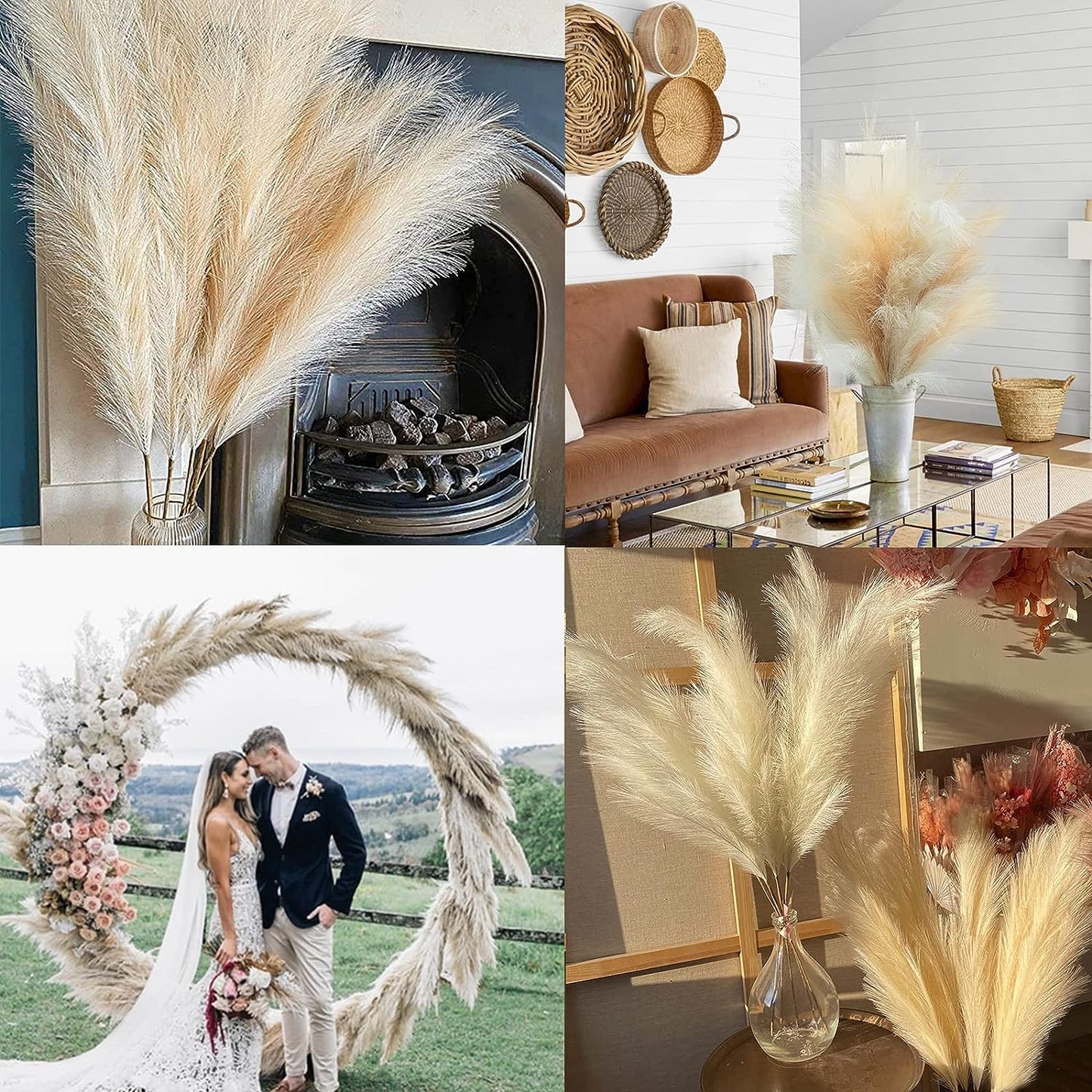 8 Pcs Faux Pampas Grass Decor 38''/97Cm Tall Artificial Large Pompas Grass Pompous Floral Fluffy Fake Plants Floor Vase Filler for Kitchen Home Boho Decorations, Mixed Beige