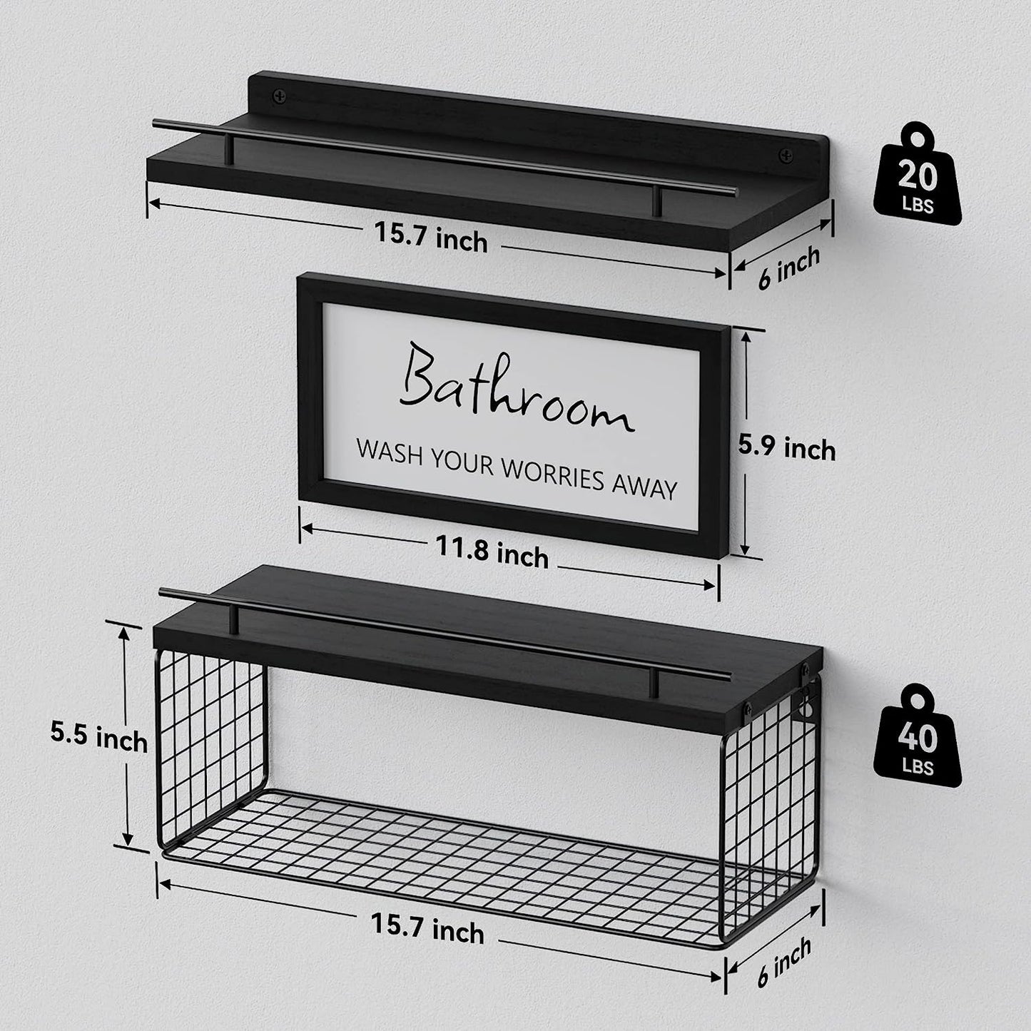 Floating Shelves with Bathroom Wall Décor Sign, Wood Floating Bathroom Shelves over Toilet with Toilet Paper Storage Basket Set of 3, Rustic Floating Shelf with Guardrail for Wall Décor–Black