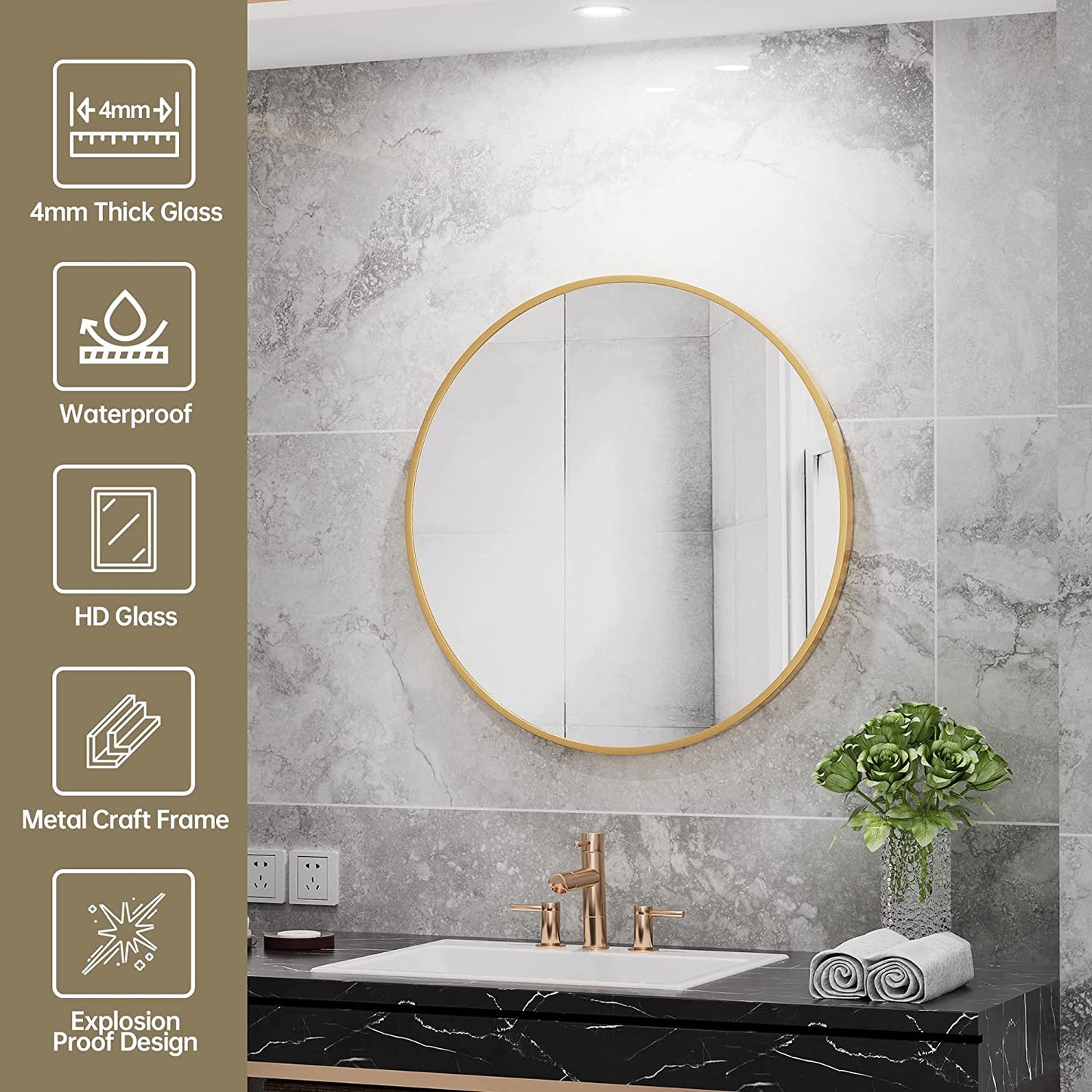 24 Inch round Mirror Gold Circle Wall Mirror Bathroom Vanity Mirror Brushed Gold Metal Frame Mirror Modern Circular Mirror for Entryway Living Room Bedroom