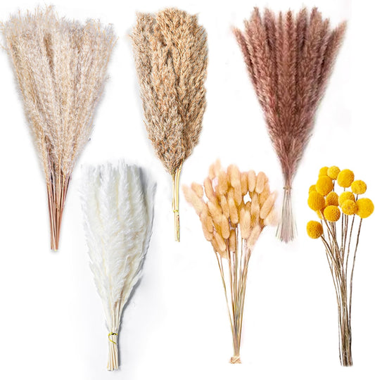 100PCS Natural Dried Pampas Grass Decor - 17.5" Fluffy Pampas Grass Bouquet - Boho Home Decor Dried Flowers for Wedding Floral Room Home Party Table Decorations