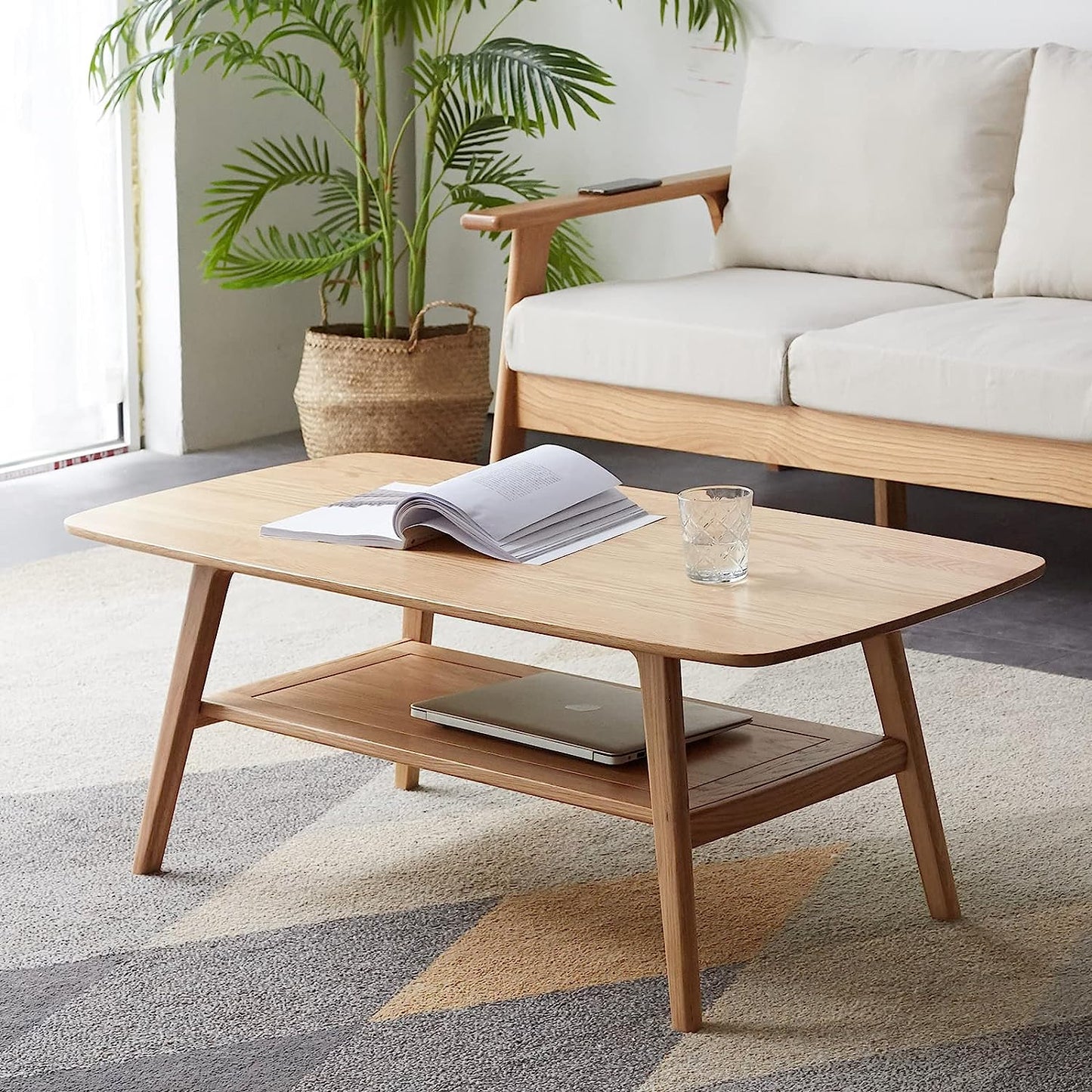 Mid-Century Modern 2-Tier Coffee Table with Storage Shelf, Natural Color 100% Solid Wood Table for Living Room, Elegant Furniture for Small Apartment (Natural, 39.37“ X 19.69” X 17.32“)