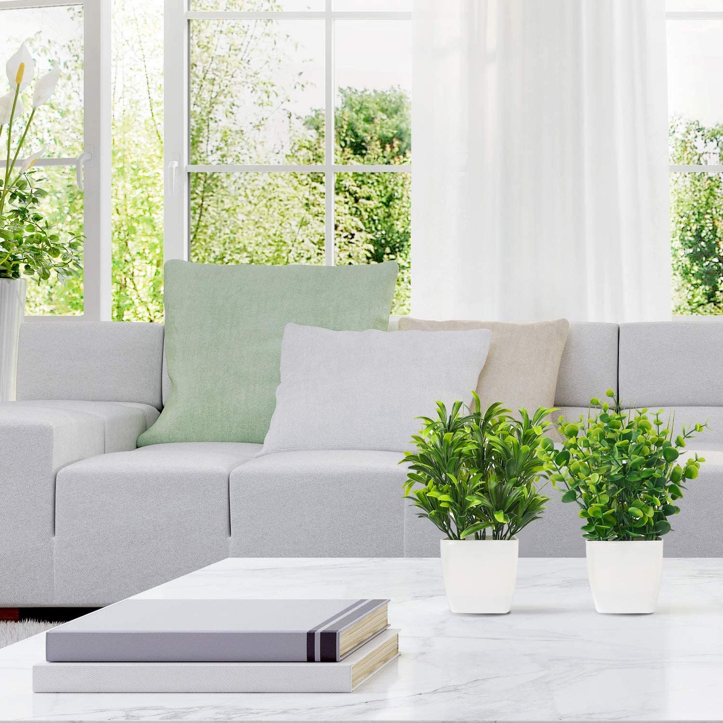2Pcs Small Fake Plants in White Planters, Artificial Plants for Home Decor Indoor, Plastic Eucalyptus Plants for Office Desk Bathroom Bedroom Greenery Decoration