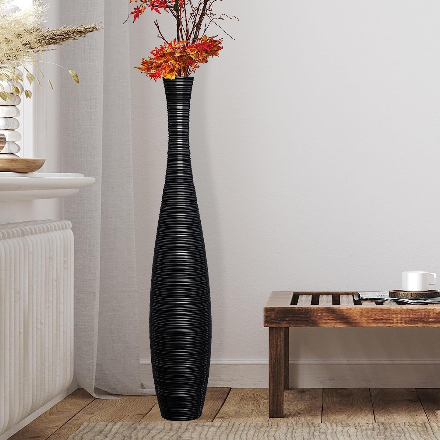 Tall Floor Vase, Large Resin Floor Vase, Sturdy, Luxury, Textured, Vessel for Decorative Branches Dried Flowers, 27.5 Inches Tall Vase for Decor, Black