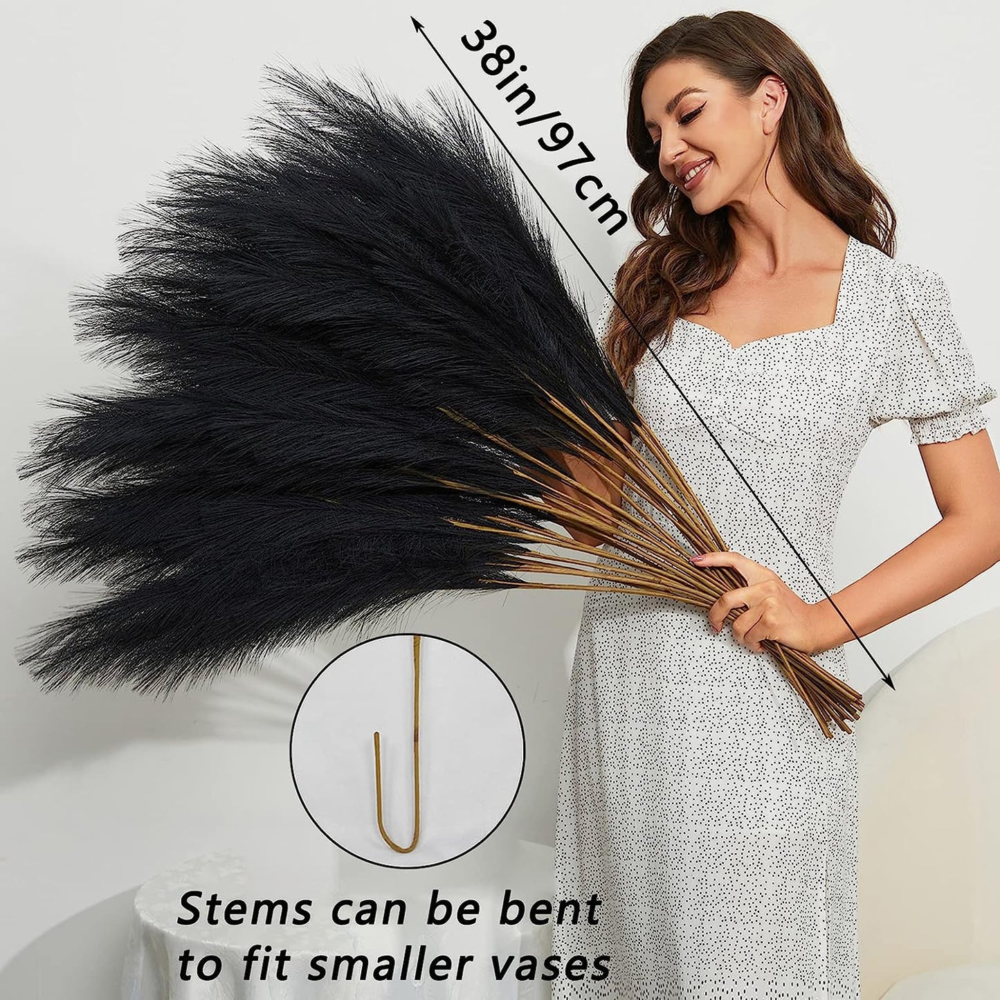 8 PCS Faux Pampas Grass Decor 38"/3.1FT Tall Fake Pompas Floral Large Artificial Pompous Grass Branches Plants for Floor Vase Filler Home Boho Decoration (Black)