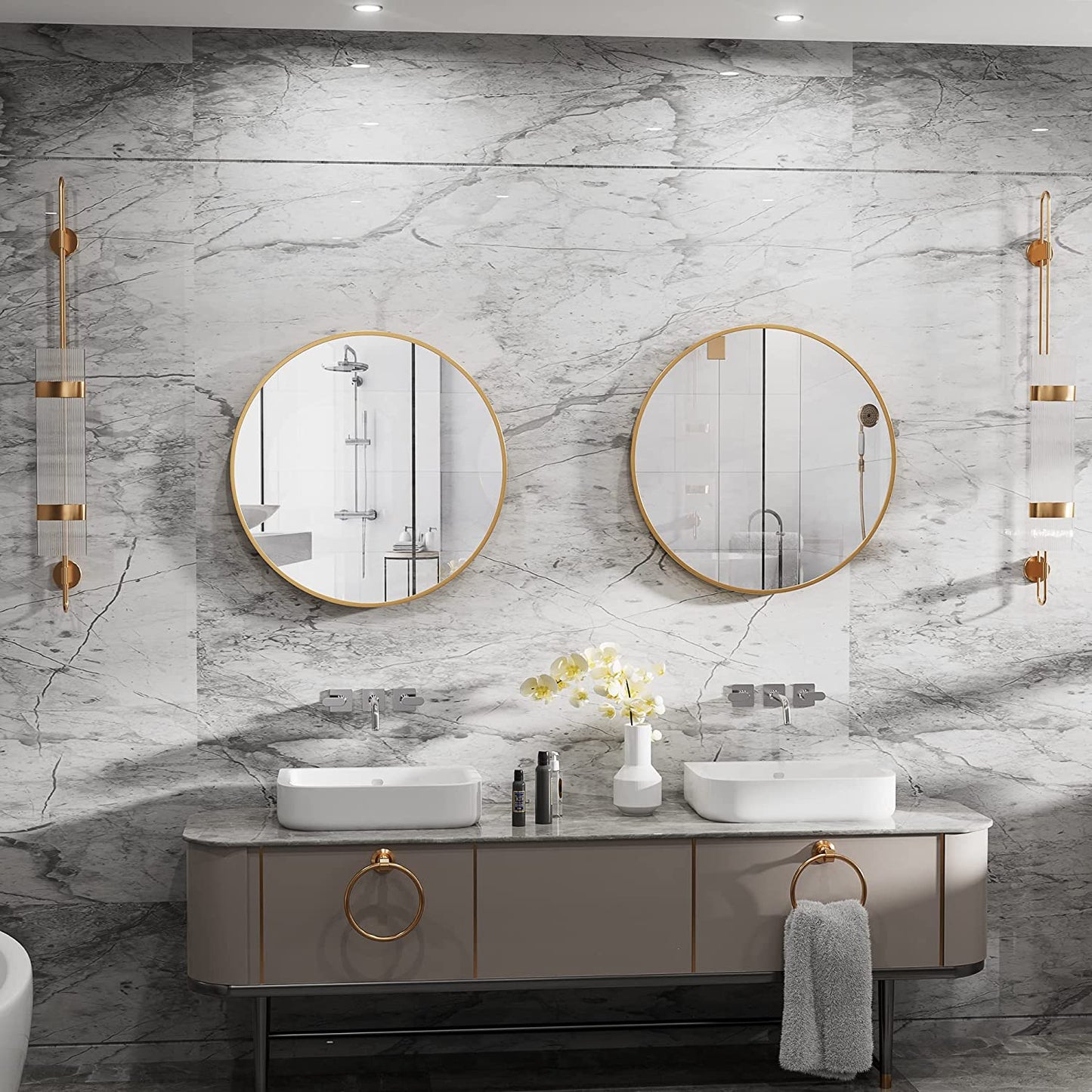 24 Inch round Mirror Gold Circle Wall Mirror Bathroom Vanity Mirror Brushed Gold Metal Frame Mirror Modern Circular Mirror for Entryway Living Room Bedroom