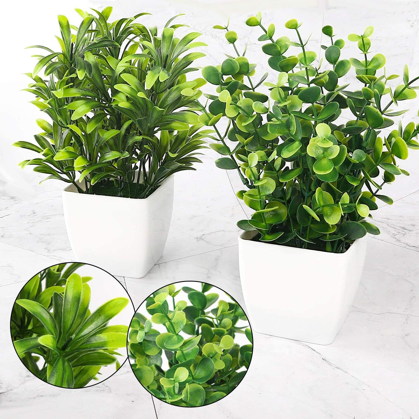 2Pcs Small Fake Plants in White Planters, Artificial Plants for Home Decor Indoor, Plastic Eucalyptus Plants for Office Desk Bathroom Bedroom Greenery Decoration
