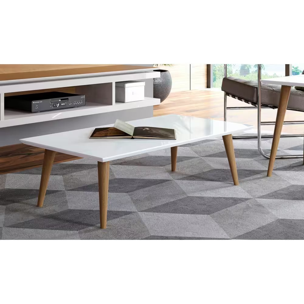 Utopia 41 In. Off-White/Maple Cream Large Rectangle Wood Coffee Table with Splayed Legs
