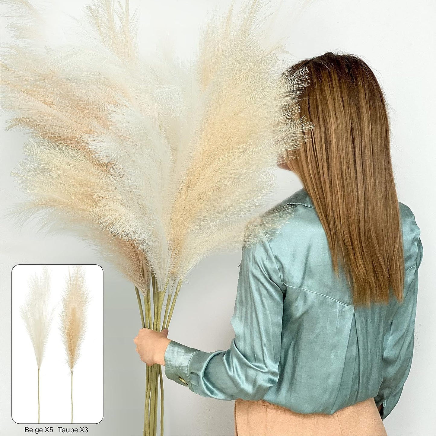 8 Pcs Faux Pampas Grass Decor 38''/97Cm Tall Artificial Large Pompas Grass Pompous Floral Fluffy Fake Plants Floor Vase Filler for Kitchen Home Boho Decorations, Mixed Beige