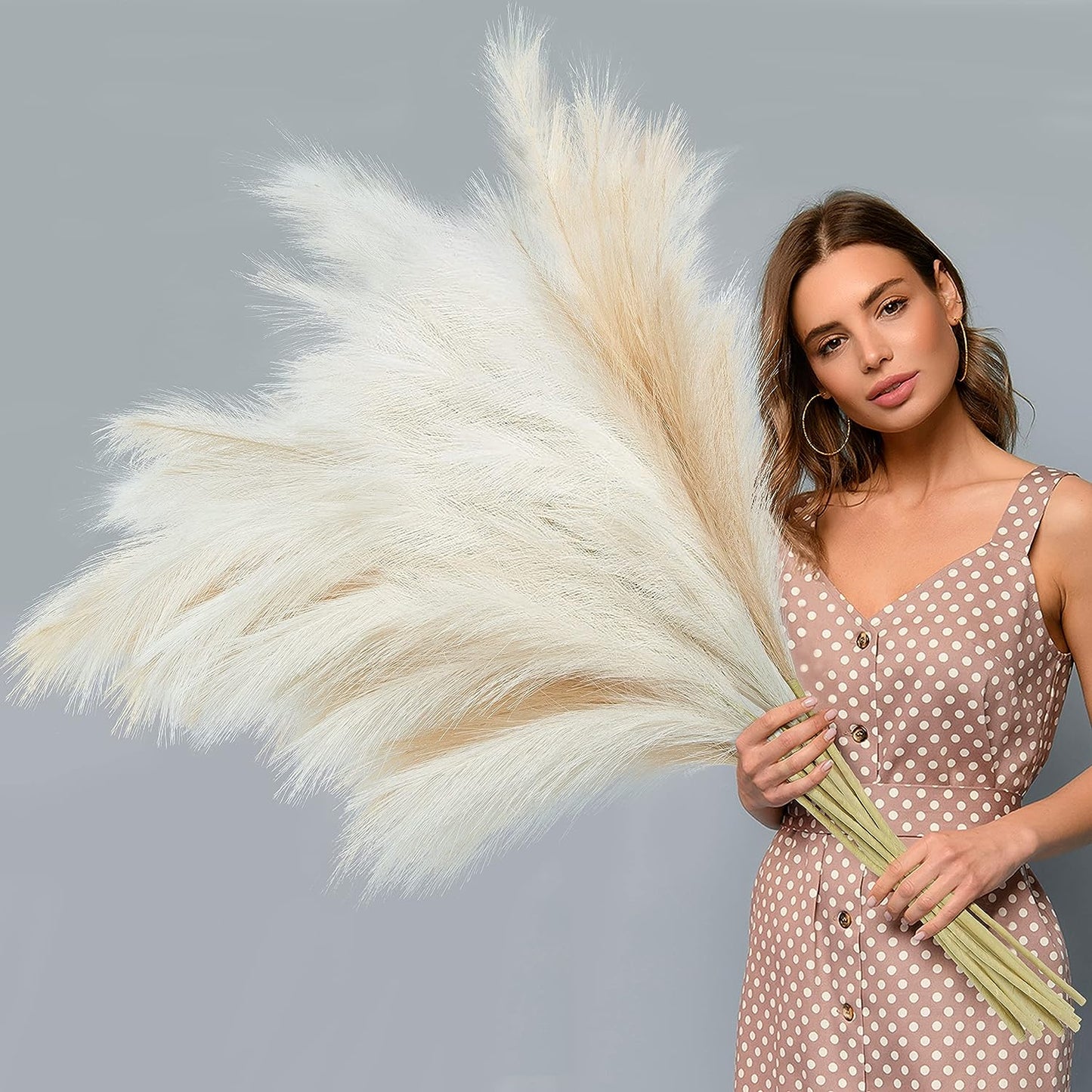 8 Pcs Faux Pampas Grass Decor 38''/97Cm Tall Artificial Large Pompas Grass Pompous Floral Fluffy Fake Plants Floor Vase Filler for Kitchen Home Boho Decorations, Mixed Beige
