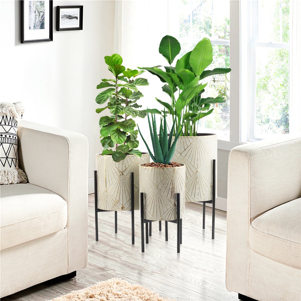 Luxenhome 3-Piece Gray and Gold Metal Cachepot Planters with Black Stand