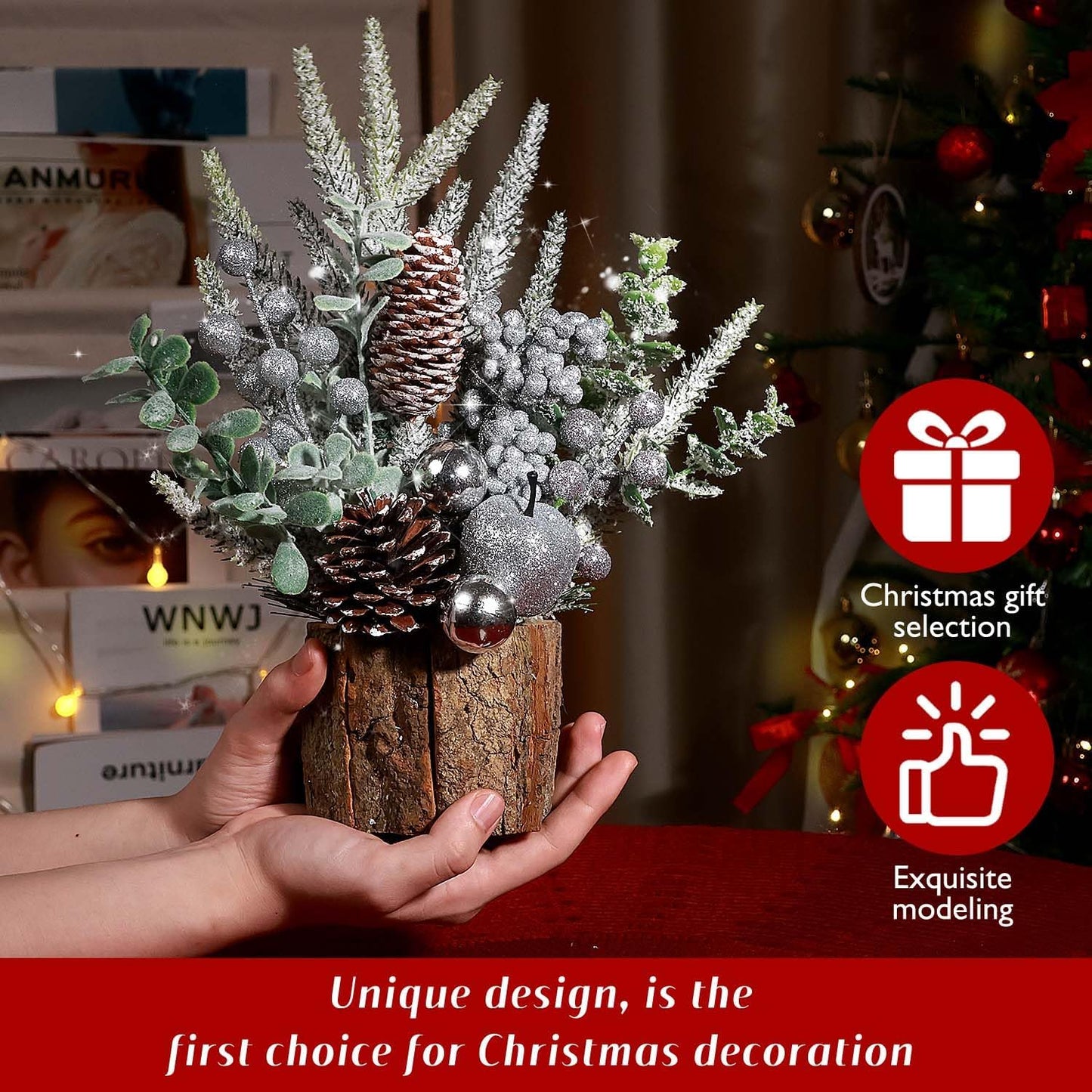 Small Christmas Tree Tabletop Artificial Mini Christmas Tree Decorations with Holiday Ornaments Red Berry Pine Cone Greenery for Home Indoor Fireplace Mantel Xmas Decor (Tree Stump-Silver)