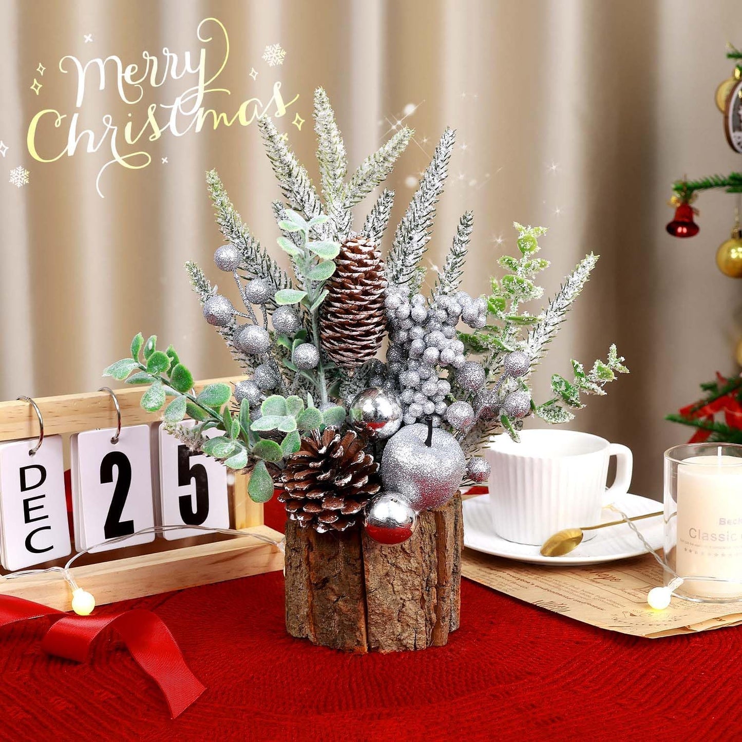 Small Christmas Tree Tabletop Artificial Mini Christmas Tree Decorations with Holiday Ornaments Red Berry Pine Cone Greenery for Home Indoor Fireplace Mantel Xmas Decor (Tree Stump-Silver)