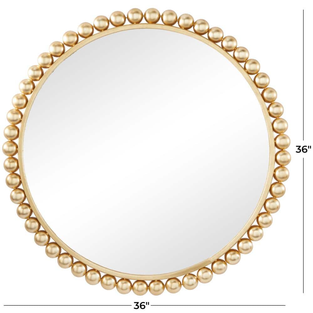 36 In. X 36 In. round Framed Gold Wall Mirror with Bead Detailing
