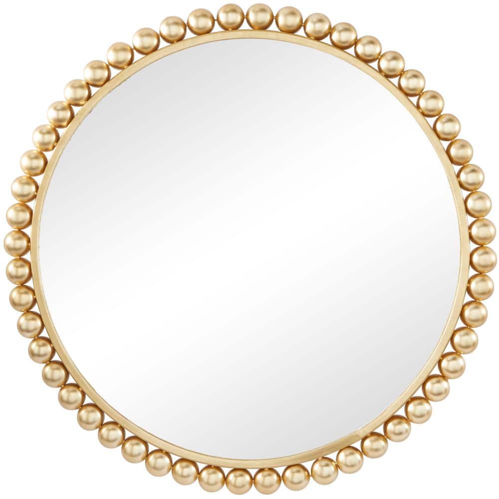 36 In. X 36 In. round Framed Gold Wall Mirror with Bead Detailing