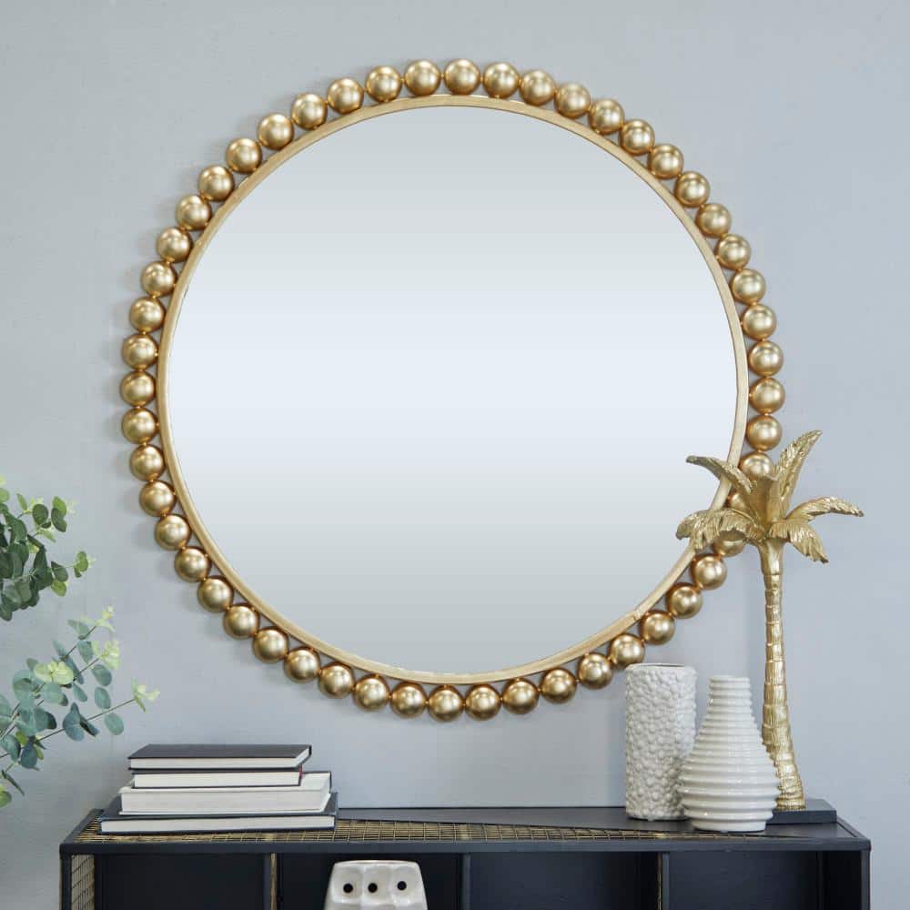 36 In. X 36 In. round Framed Gold Wall Mirror with Bead Detailing