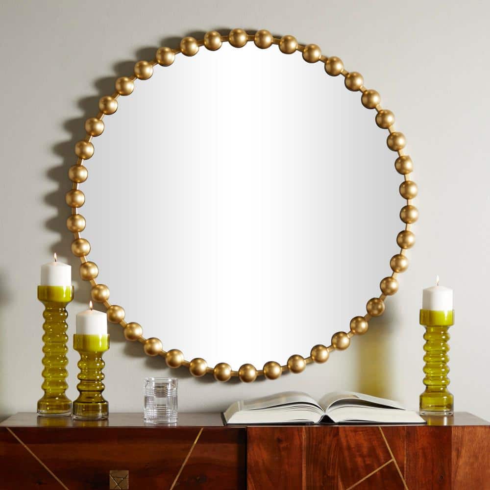 36 In. X 36 In. round Framed Gold Wall Mirror with Beaded Detailing