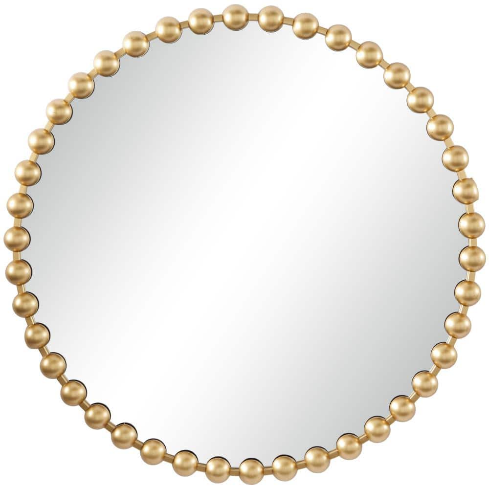 36 In. X 36 In. round Framed Gold Wall Mirror with Beaded Detailing