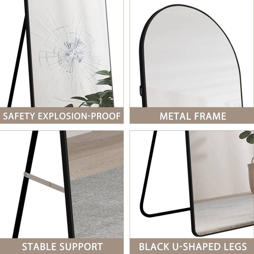 23 In. W X 65 In. H Black Aluminum Alloy Metal Frame Arched Full-Length Floor Mounted Mirror, Wall Mounted Mirror