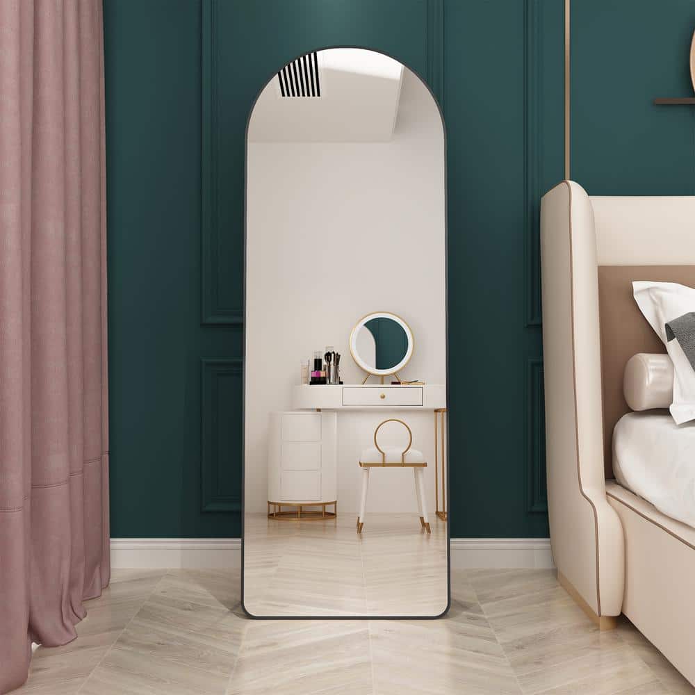 23 In. W X 65 In. H Black Aluminum Alloy Metal Frame Arched Full-Length Floor Mounted Mirror, Wall Mounted Mirror