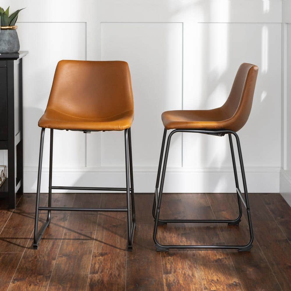 Wasatch 24 In. Whiskey Brown Low Back Metal Frame Counter Height Bar Stool with Faux Leather Seat (Set of 2)