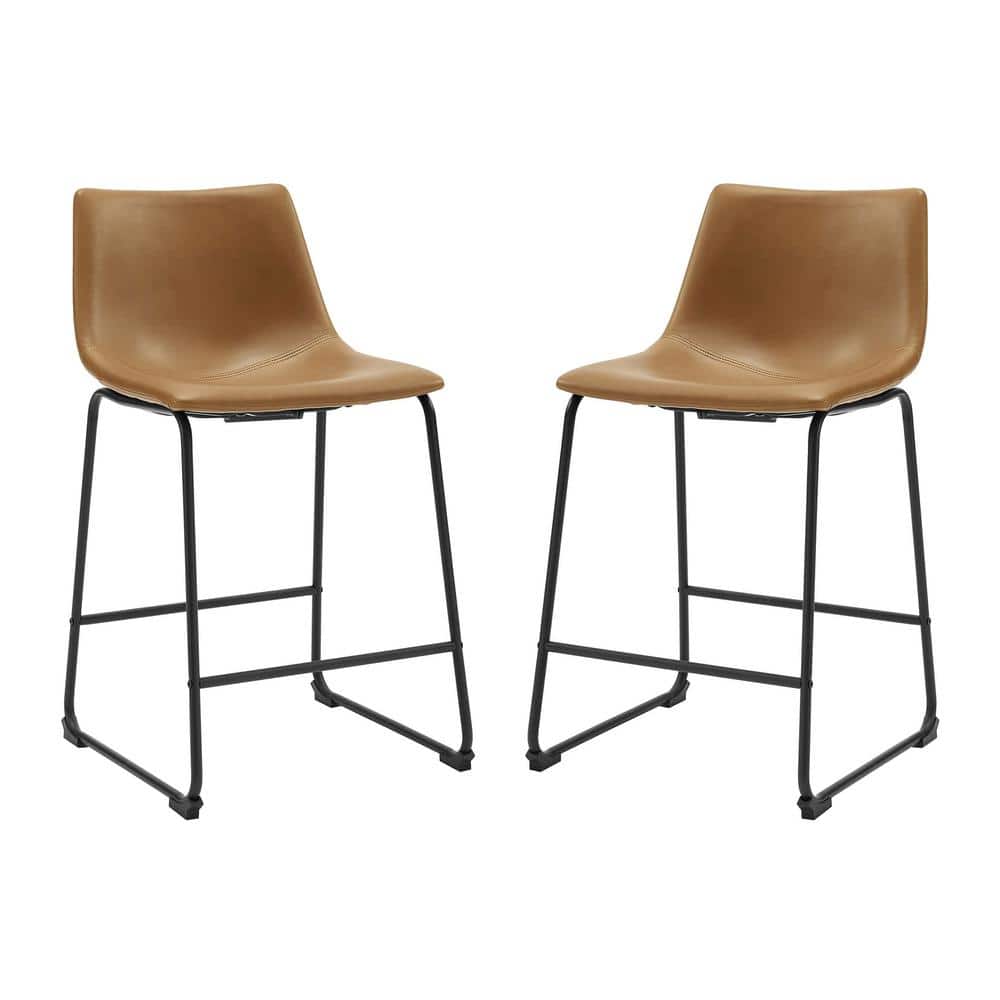Wasatch 24 In. Whiskey Brown Low Back Metal Frame Counter Height Bar Stool with Faux Leather Seat (Set of 2)
