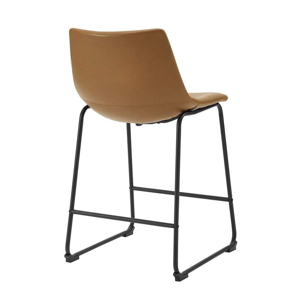 Wasatch 24 In. Whiskey Brown Low Back Metal Frame Counter Height Bar Stool with Faux Leather Seat (Set of 2)