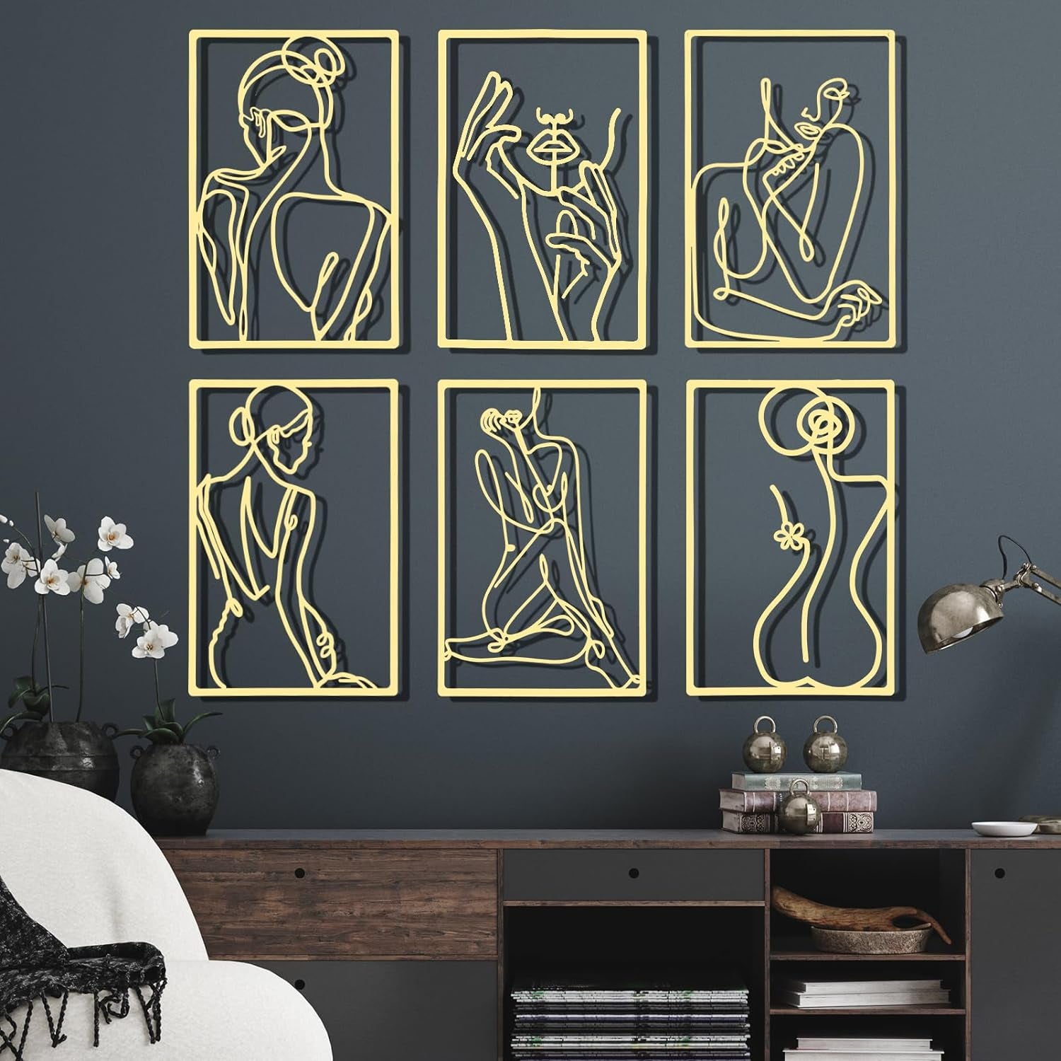 6 Pcs Metal Wall Decor Metal Abstract Woman Wall Art Modern Decor Aesthetic Hanging Art Large Single Line Wall Sculpture for Home Bedroom Living Room (Gold)