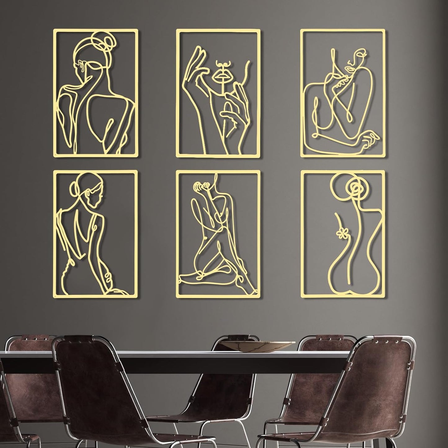 6 Pcs Metal Wall Decor Metal Abstract Woman Wall Art Modern Decor Aesthetic Hanging Art Large Single Line Wall Sculpture for Home Bedroom Living Room (Gold)