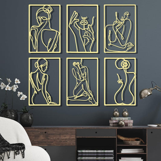 6 Pcs Metal Wall Decor Metal Abstract Woman Wall Art Modern Decor Aesthetic Hanging Art Large Single Line Wall Sculpture for Home Bedroom Living Room (Gold)